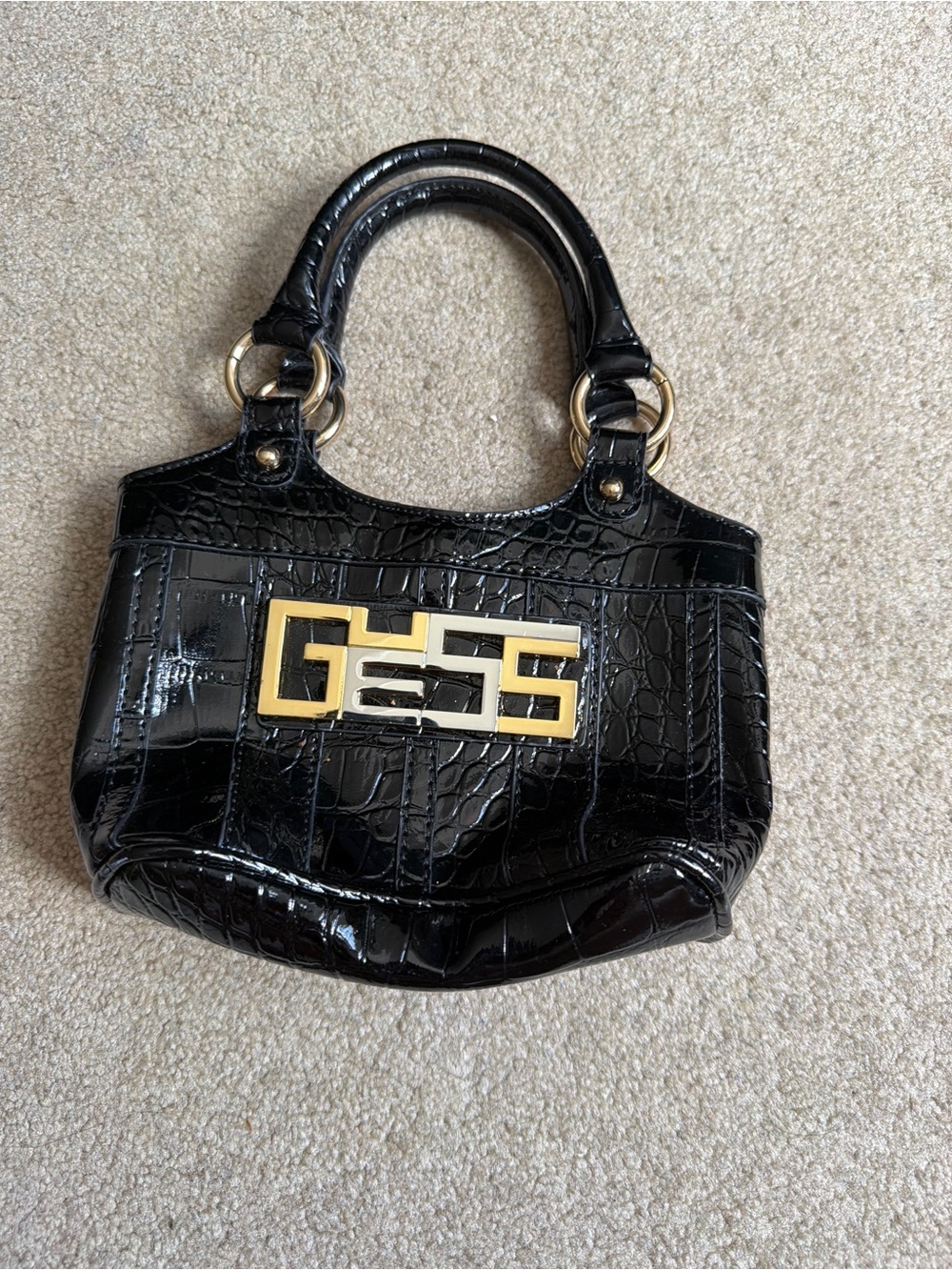 GUESS Black Croc Embossed Mini Satchel Handbag Gold Tone Logo Y2K